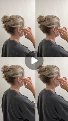 Short Hair Messy Bun Tutorial, Easy Messy Bun For Short Hair, Messy Bun Tutorial For Short Hair, Messy Bun With Bangs, Lus Hair, Grey Hair Care, Hairstyle Examples