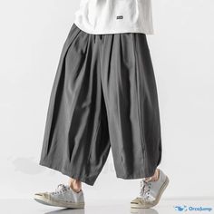 OrcaJump - Cotton Linen Relaxed Wide Leg Pants - Vintage Styled Harem Pants Casual Baggy Wide-leg Dress Pants, Casual Baggy Summer Dress Pants, Gray Cotton Parachute Pants For Summer, Gray Wide Leg Cargo Pants For Spring, Casual Gray High-waisted Dress Pants, Baggy Gray Pants For Spring, Gray Baggy Pants For Spring, Casual Gray Wide Leg Harem Pants, Casual Non-stretch Wide-leg Dress Pants