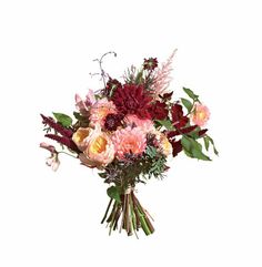 a bouquet of flowers on a white background is shown in full bloom, including pinks and red