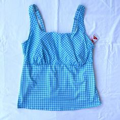 New With Tags Lands’ End Tankini Swimsuit Top Womens Plus 20w Blue Gingham Checkered Underwire Sleeveless Gingham Swimwear For Spring, Fitted Gingham Sleeveless Swimwear, Fitted Sleeveless Gingham Swimwear, Casual Gingham Swimwear For Spring, Casual Fitted Gingham Swimwear, Blue Fitted Top For Picnic, Fitted Blue Top For Picnic, Fitted Blue Tops For Picnic, Tankini Swimsuit