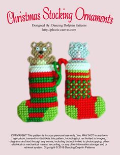 christmas stockings ornament is shown in red, green and white with a teddy bear on top