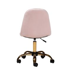 an office chair with wheels and a pink upholstered cushion on the back, against a white background