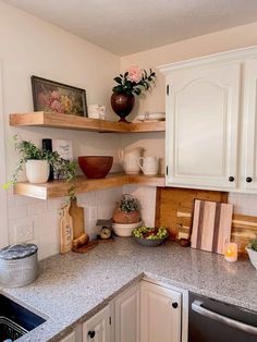 the kitchen counter is clean and ready to be used as a place for cooking or eating