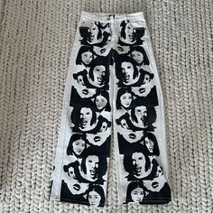 Edikted Face Off Printed Jeans Size Small Black And White Never Worn Edgy White Bottoms For Fall, Graphic Print White Bottoms For Fall, White Graphic Print Bottoms For Fall, Fall White Bottoms With Graphic Print, Painted Pants, Black Leather Jeans, White Flared Jeans, Cream Jeans, Sale Ideas