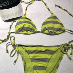 Bikini Lab Neon Yellow And Silver Grey Metallic Stripe Bikini Triangle Top With Pad Inserts Like New Never Worn I Did Remove The Tags Then Decided To Wear Something Else. I Have Too Many Bikini’s Lol Large Lime Green Beachwear Swimwear For The Beach, Lime Green Beachwear Swimwear, Summer Party Striped Swimwear, Neon Yellow Beachwear For Pool, Neon Yellow Triangle Top Swimwear For Pool, Stretch Neon Yellow Swimwear For The Beach, Neon Yellow Stretch Swimwear For Beach, Neon Yellow Stretch Swimwear For Beach Season, Neon Yellow Swimwear For Summer Party