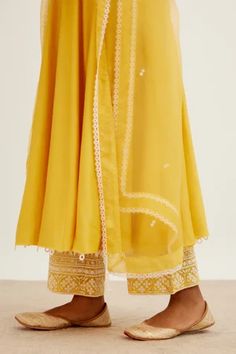 Shop for Devnaagri Yellow Chanderi Panelled Anarkali Palazzo Set for Women Online at Aza Fashions Elegant Mulmul Anarkali Set For Festivals, Fitted Georgette Anarkali Set With Embroidered Border, Fitted Embroidered Georgette Anarkali Set, Chanderi Dress With Embroidered Border For Diwali, Diwali Chanderi Dress With Embroidered Border, Unstitched Anarkali Set With Embroidered Border, Traditional Cotton Silk Palazzo Set With Embroidered Border, Anarkali Salwar Kameez With Embroidered Border In Georgette, Floor-length Chanderi Churidar With Embroidered Border