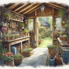 a painting of a garden shop with potted plants