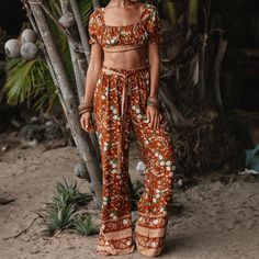 HARMONY Top & Belted Trousers – wickedafstore Belted Trousers, Music Festival Fashion, Orange Print, Print Pants, Twin Set, Comfy Fashion, Music Fashion, Dress Cover, Wide Legs