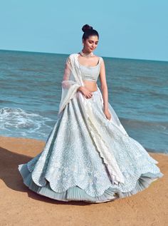 Mishru-Cloud Blue Lehenga Set With Dupatta-INDIASPOPUP.COM Blue Bridal Lehenga, Skirt With Blouse, Orang India, Raw Silk Lehenga, Checkered Blouse, Blue Lehenga, Indian Look, Top Indian, Lehenga Skirt