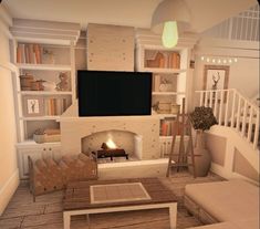 a living room filled with furniture and a flat screen tv mounted on the wall above a fire place