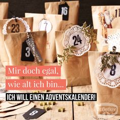 small brown bags with numbers and decorations on them