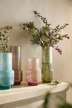 An iridescent finish adds subtle shimmer to this hand-crafted glass vase in a minimalist silhouette. | Dreamy Luster Vase, Large by Terrain in Green at Anthropologie Colored Glasses Aesthetic, Iridescent Vase, Colored Glass Vase, Glasses Aesthetic, Colored Glass Vases, Fresh Flower Bouquets, Outdoor Living Furniture, Unique Valentines Day Gifts, My Own Place