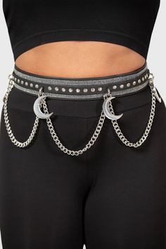 LUNA'S LEVITATION.- Faux leather belt.- Detatchable chains.- Diamante and metal stud detailing.- Buckle closure.- Moon pendant details. XS-M- Smallest waist closure is 61cm/24", Largest waist closure is 76.5cm/30.1".L-XXL- Smallest waist closure is 70cm/27", Largest waist closure is 80cm/31.4". with KILLSTAR branding, Smallest Waist, Killstar Clothing, 2010 Fashion, Studded Belt, Faux Leather Belts, Chain Belt, Moon Pendant, Artificial Leather, Small Waist