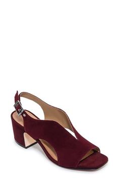 Curvy cutouts and a deep vamp distinguish this leather slingback pump set on a cushioned footbed and lofty block heel. 2" heel Cushioned footbed Leather upper, lining and sole Made in Brazil Aubergine Shoes, Open Toe Slingback Pumps With Stacked Heel For Work, Burgundy Block Heel With Heel Strap, Burgundy Block Heel Heels With Heel Strap, Burgundy Heels With Heel Strap And Block Heel, Fabric Gift Bags, Slingback Pump, Anniversary Sale, Shoe Sale