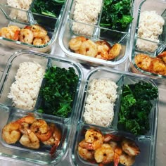 six plastic containers filled with rice, shrimp and broccoli on top of a table