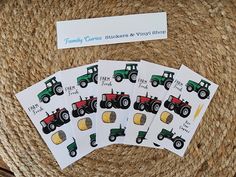 four farm tractor stickers on top of a straw hat