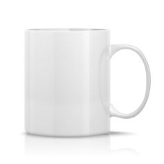 a white coffee mug on a white background with reflection in the bottom right hand corner