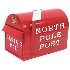 a red mailbox with santa's pole post written on the front and side