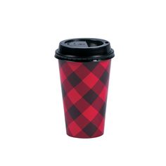 a red and black plaid coffee cup on a white background