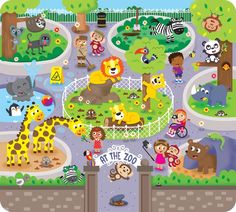 an animal themed play area with animals and other things on the ground, including trees