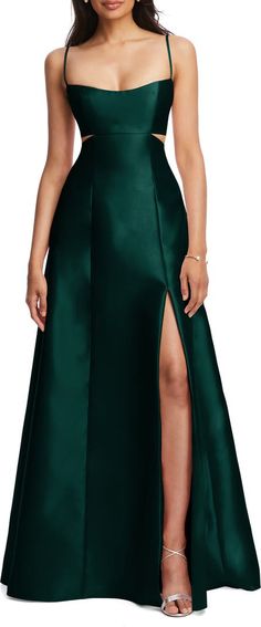 Alfred Sung Cutout Satin Gown | Nordstrom Floor-length Prom Gown With Side Slits, Full-length Satin Dress With Side Slits, Wedding Gown With Side Slits And Split, Wedding Gown With Side Slits, Satin Gala Dress With Split Shape, Satin Gala Dress With Split, Satin Gala Dress With Split Design, Floor-length Evening Dress With Split Design For Prom, Floor-length Split Design Evening Dress For Prom