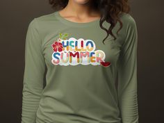 Welcome sunny days with our vibrant &quot Hello Summer&quot  t-shirt, featuring a cheerful watermelon slice and striking hibiscus flower design. Available in various styles including short sleeve, long sleeve, and V-neck, this t-shirt is perfect for summer outings or as a casual everyday wear. Crafted from soft and comfortable fabric, it&#39 s sure to keep you cool and stylish during the warmer months.  Sweatshirt (Gilden 18000) Fabrication: Medium-heavy fabric (8.0 oz/yd² (271.25 g/m 50% cotton Watermelon Slice, Watermelon Slices, Tees For Women, Hello Summer, Summer Floral, Summer Tshirts, Cotton Lights, V Neck Tee, Clothing Items