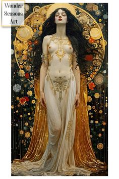 a painting of a woman with long black hair wearing a white dress and gold jewelry