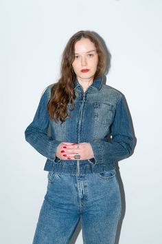 Vintage Y2K blue jean jacket. Zipper fly closure, pockets at chest. BRAND - RB Rainbow Collection MATERIAL - 100% cotton CONDITION - Excellent vintage condition SIZE - M Model is size M, 5'6" (171cm) MEASUREMENTS - Shoulder 16.8" (43cm) - Chest 38" (98cm) - Waist 35" (88cm) - Length 22" (56cm) - Sleeve 24" (61cm) Please note that this is a vintage item and may show general signs of wear. Measurements are in inches/cm lying flat and doubled for circumference. Returns are only accepted from EU and Denim Jacket With Zip Fly For Streetwear, Denim Jacket With Zip Fly, Denim Blue Jacket With Zip Fly, Denim Blue Long Sleeve Denim Jacket, Denim Blue Long Sleeve Jacket With Zip Fly, 90s Long Sleeve Denim Jacket, 90s Style Cotton Denim Blue Denim Jacket, 90s Style Cotton Denim Blue Jacket, Vintage Long Sleeve Recycled Denim Jacket