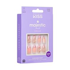 Treat yourself to a high-end manicure with these rewearable, prestigious, jeweled gel nails. These salon quality sculpted nails are reusable up to 3 times by applying included adhesive tabs the 1st two times, then glue on for your final wear. Majestic Nails, Pink French Tips, 30 Nails, Kiss Products, Blue French Tips, Sculpted Nails, Kiss Nails, Nail Remover, Gel Top Coat