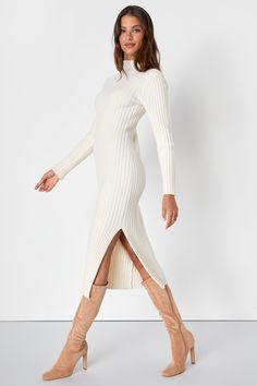 Ivory Midi Sweater Dress - Eyelash Knit Dress - Mock Neck Dress - Lulus Plush Dress, Mock Neck Midi Dress, Cream Sweater Dress, Fitted Knit Dress, White Knit Dress, Solid Midi Dress, White Sweater Dress, Midi Sweater Dress, Mock Neck Sweater Dress