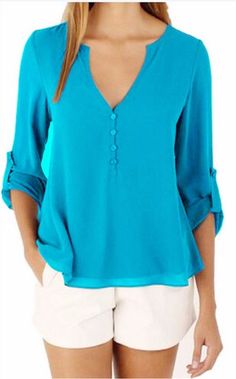 CHIFFON BUTTON-UP V-NECK BLOUSE  WITH 3/4 SLEEVES - B ANN'S BOUTIQUE Chiffon Blouses, Straight Clothes, Chiffon Fashion, Chiffon Long Sleeve, Women Long Sleeve Tops, Loose Blouse, Chiffon Shirt, Women Shirts Blouse, Crew Neck Shirt