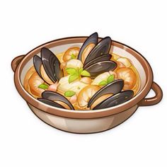 a bowl filled with shrimp and mussels