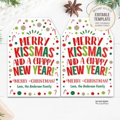 two christmas tags with merry kisses and a happy new year