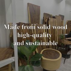 the interior of a building with wooden chairs and tables in it that says made from solid wood high - quality and sustenable