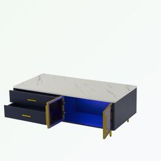 a blue and white table with two drawers on each side that has gold trimmings