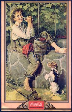 a painting of a boy on a swing next to a dog and holding a cup