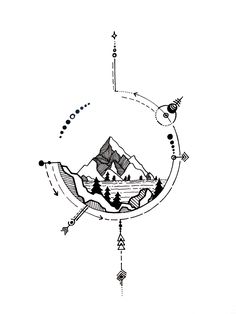 a black and white drawing of mountains with arrows in the middle on a white background