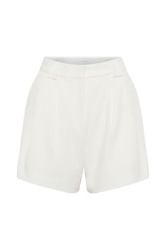 Short Staple.Discover the SIGOURNEY Suiting Shorts, a sophisticated addition to your wardrobe for effortless chic. Crafted with a relaxed fit and high-waisted design, these shorts offer both comfort and style. The front fly and trouser hook closure ensure a secure and polished fit, while the front pleat detailing adds a touch of refinement. Complete with a back mock welt pocket and belt loops, they exude timeless elegance with a contemporary twist. Unlined for lightweight wear, these shorts are Elegant Shorts For Day Out, Elegant Shorts With Short Inseam For Day Out, Chic White Bermuda Shorts With Short Inseam, Classic White Bermuda Shorts For Work, Classic Shorts For Day Out, Elegant Cream Shorts For Spring, White Bermuda Bottoms For Day Out, Classic High Waist White Shorts, Chic White Bermuda Shorts For Summer