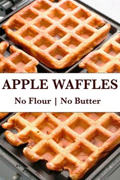 four waffles sitting on top of a pan with the words apple waffles no flour