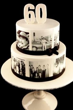 a white cake with black and white photos on it that reads 60 years old, sitting on top of a pedestal