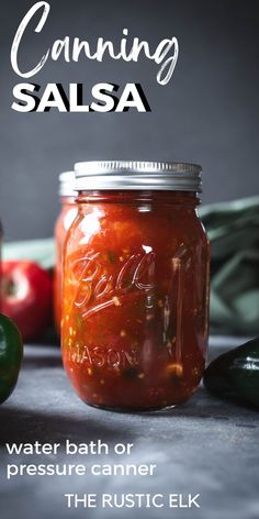 canning salsa in a mason jar with text overlay reading canning salsa water bath or pressure camera the rustic elk