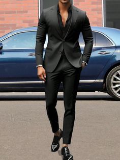 Black Work Collar   Plain  Embellished Medium Stretch  Men Clothing European Suits For Men, Mens Suits Style Modern Classy, Full Black Suit, Tall Black Men, Mens Suits Style Modern, Evil Oc, Wedding Suits Men Black, Black Suit Men, Prom 2024