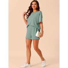 Elevate your relaxation with the Cheibear Women's Lounge Outfits, crafted for supreme comfort and effortless style. This pajama set features a casual round neck top with short sleeves and matching shorts, both designed in a chic ribbed texture and a soothing green hue.

- Material: 95% Polyester, 5% Spandex
- Color: Green
- Gender: Female
- Size: Large
- Features: Breathable, moisture-wicking, skin-friendly fabric

Ideal for lounging around the house or enjoying a peaceful night's sleep, this se Casual Solid Color Sleepwear Sets, Casual Solid Color Sleep Sets, Relaxed Fit Solid Color Sleepwear With Crew Neck, Casual Solid Color Short Sleeve Sleepwear, Solid Color Crew Neck Sleepwear With Relaxed Fit, Summer Sleepwear With Crew Neck For Lounging, Casual Solid Pajama Shorts For Loungewear, Summer Crew Neck Sleepwear For Lounging, Solid Color Crew Neck Sleepwear For Loungewear