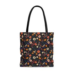 This practical, high-quality Tote Bag is available in three sizes. All over print provides comfort with style at the beach or out in town. Made from reliable materials, lasting for seasons. .: 100% Polyester .: Boxed corners .: Black inner stitching, transparent thread on hems. .: Black cotton handles .: With non-woven laminate inside .: NB! Size tolerance 0.75" (1.9 cm)) .: Assembled in the USA from globally sourced parts Trendy Floral Print Bags For Vacation, Rectangular Floral Print Beach Bag For Travel, Black Floral Print Tote Bag, Casual Floral Print Beach Bag For Travel, Casual Floral Print Bags For Vacation, Black Rectangular Shoulder Bag With Floral Print, Black Floral Print Shoulder Bag For Everyday Use, Elegant Black Floral Print Shoulder Bag For Everyday Use, Elegant Black Floral Print Shoulder Bag