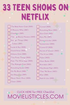 a pink poster with the words 33 teen shows on netflix and moviesticks com