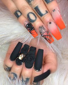 Halloween Nail Designs Black, Black And Orange Nails Acrylic, Nails Acrylic Ombre, Black And Orange Nails, Orange Nails Acrylic, Nail Designs Black, Acrylic Ombre, Black Halloween Nails, Holloween Nails