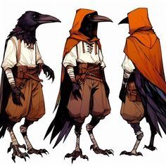 three black crows with orange capes on their heads and legs standing in front of each other