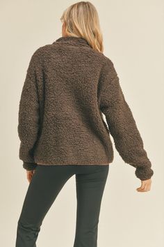 Our Teddy Pullover is made with a warm and cozy fleece for those chilly days! It features a plush and fluffy design, both inside and out. This half-zip mock neck pullover is perfect for keeping you warm all day! 100% Polyester Half zip Soft, plush exterior & interior Half zip closure Model wearing size small: Cozy Turtleneck For Cold Weather, Cozy Fleece Sweater With Soft Texture, Cozy Fleece Sweater, Cozy Fit Half-zip Loungewear Outerwear, Cozy Fleece Sweater For Cold Weather, Comfy Fleece Sweater With Soft Texture, Cozy Soft Knit Outerwear With Funnel Neck, Cozy Soft Knit Funnel Neck Outerwear, Cozy Outerwear With Funnel Neck