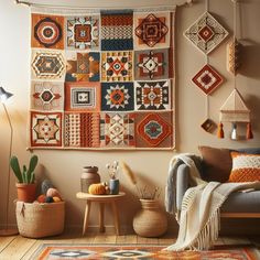 a living room filled with lots of different types of crocheted blankets and rugs