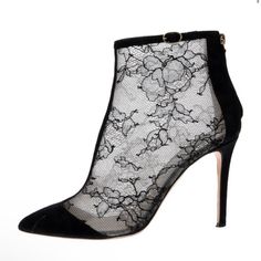 Black Lace Pattern Pointed-Toes With Lace Trim Embellishment Concealed Zip Closure At Ankles Includes Dust Bag Estimated Item Measurements Heels: 4" Gender: Women Color: Black Shoe Size: 9 Elegant Boots With 4-inch Heel For Night Out, Elegant Almond Toe Boots With 4-inch Heel, Luxury Evening Ankle Strap Boots, Luxury High Ankle Evening Heels, Elegant Ankle-high Evening Heels, Elegant Ankle-high Heels For Evening, Elegant High Ankle Boots For Evening, Elegant Formal High Ankle Boots, Elegant High Ankle Boots With 4-inch Heel